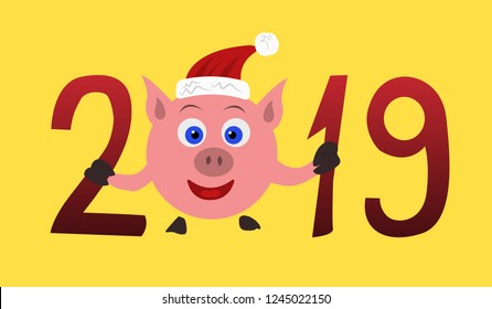 Merry christmas greetings and Happy new year 2019 templates with cartoon pig on yellow background.