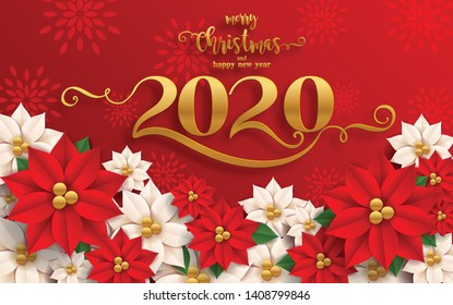Merry christmas greetings and Happy new year 2020  template with beautiful winter and patterned paper cut art and craft style on paper color background.