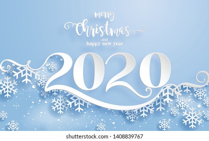 Merry christmas greetings and Happy new year 2020 year of the rat templates with beautiful winter and snowfall patterned paper cut art and craft style on paper color background.