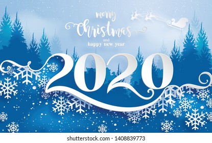 Merry christmas greetings and Happy new year 2020 year of the rat templates with beautiful winter and snowfall patterned paper cut art and craft style on paper color background.