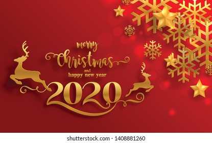 Merry christmas greetings and Happy new year 2020 year of the rat templates with beautiful winter and snowfall patterned paper cut art and craft style on paper color background.
