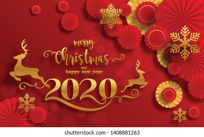Merry christmas greetings and Happy new year 2020 year of the rat templates with beautiful winter and snowfall patterned paper cut art and craft style on paper color background.