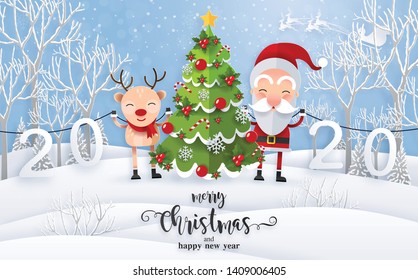 Merry christmas greetings and Happy new year 2020 templates with beautiful winter and snowfall patterned paper cut art and craft style on paper color background.
