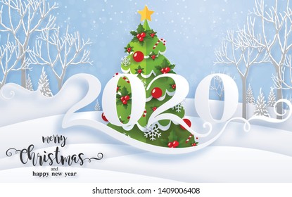 Merry christmas greetings and Happy new year 2020 templates with beautiful winter and snowfall patterned paper cut art and craft style on paper color background.