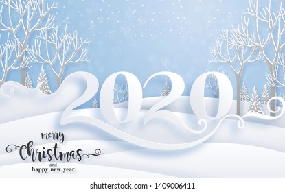 Merry christmas greetings and Happy new year 2020 templates with beautiful winter and snowfall patterned paper cut art and craft style on paper color background.