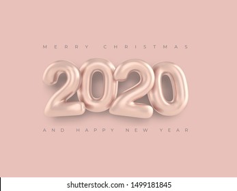 Merry Christmas greetings and Happy new year 2020 template pink numbers on a pink background 3d style greeting card. Minimalistic banner, realistic inscription 2020. Happy New Year 2020 logo design.