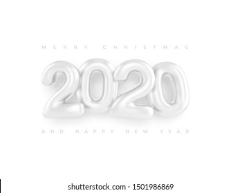 Merry Christmas greetings and Happy new year 2020 templates white numbers on a white background 3d art style. Clean minimalistic banner, realistic inscription. Happy New Year 2020 logo text design.