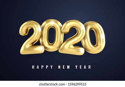 Merry Christmas greetings and Happy new year 2020 templates gold numbers on a dark background 3d art style. Clean minimalistic banner, realistic inscription. Happy New Year 2020 logo text design.