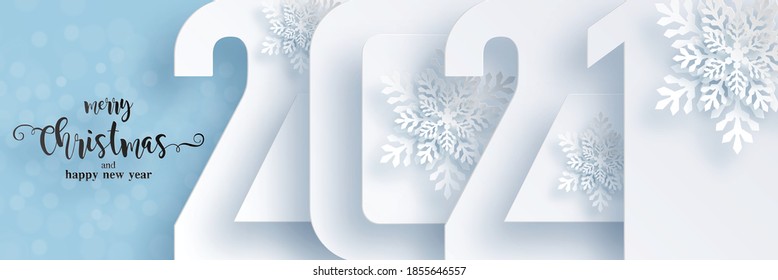 Merry christmas greetings and Happy new year 2021 templates with beautiful winter and snowfall patterned paper cut art and craft style on paper color background.