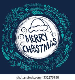 Merry Christmas greetings illustration. Happy new year invitation card. Vector illustration blue design.