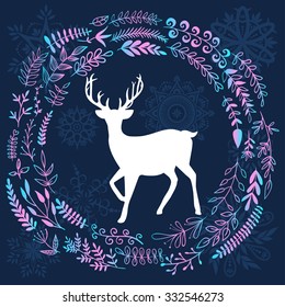 Merry Christmas greetings illustration. Happy new year invitation card. Vector illustration with deer and forest leaves