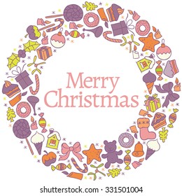 Merry Christmas greetings illustration - vector design happy new year card frame christmas wreath