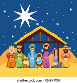 merry christmas greetings with jesus born in manger joseph and mary wise king characters