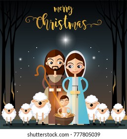 Merry Christmas greetings with jesus born with joseph and mary background in flat style.
