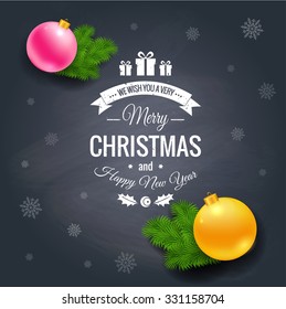 Merry Christmas greetings logo on chalkboard. Chrictmas design made in vector