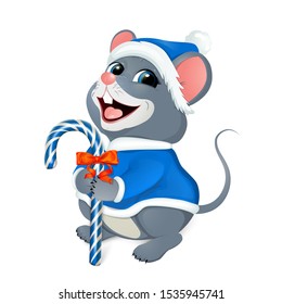 Merry Christmas Greetings. Merry mouse in a blue Santa costume. In the paws holds a candy cane. The symbol of the New Year on the Chinese calendar. Isolated on a white background. Vector.