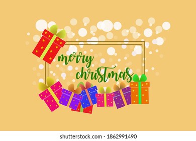 Merry Christmas greetings on colourful abstract background with gift box and snow falling backdrop vector design illustration for greeting cards, banners, backgrounds, posters, fliers.