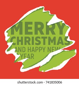 Merry Christmas greetings on green background teared into red wrapping paper. Design for greeting card, pf or website banner.