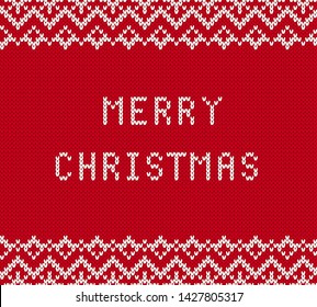 Merry christmas greetings on knitted textured background. Knit geometric ornament with merry christmas text. Knitted pattern for a sweater in fair Isle style. Vector illustration.