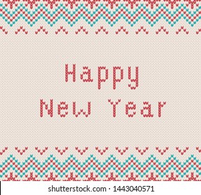 Merry christmas greetings on knitted textured white background. Knit geometric ornament in scandinavian style with happy new year text. Knitted pattern for a sweater in fair Isle style. Vector illustr