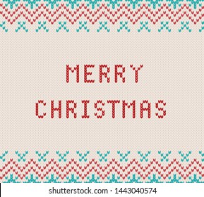 Merry christmas greetings on knitted textured white background. Knit geometric ornament with merry christmas text. Knitted pattern for a sweater in fair Isle style. Vector illustration.