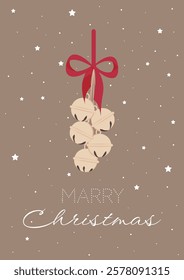 Merry Christmas greetings poster, postcard. Trendy vector illustration with fir tree branches, jingle bells, snow and design