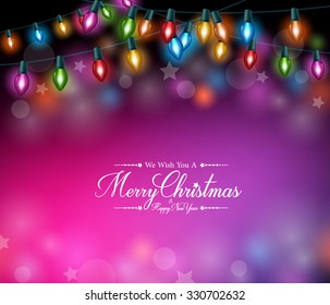 Merry Christmas Greetings in Realistic Colorful Christmas Lights in Dark Background. Vector Illustration
