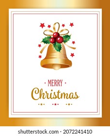 Merry Christmas Greetings With Red Cherries Golden Bell Ribbon And Stars