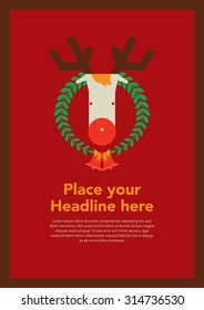 Merry Christmas greetings with reindeer illustration and text/ Festive background/ Christmas elements vector art/ Season's greetings template layout/ Fun and cute cartoon character