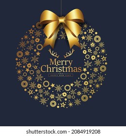 merry Christmas greetings. round pattern with golden ribbon. vector illustration design