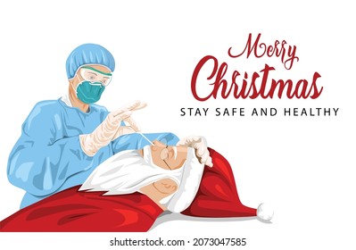 Feliz saludo de Navidad. Santa Claus haciendo prueba de swab, concepto de virus de la corona covid-19 como temporada navideña. diseño de ilustración vectorial	