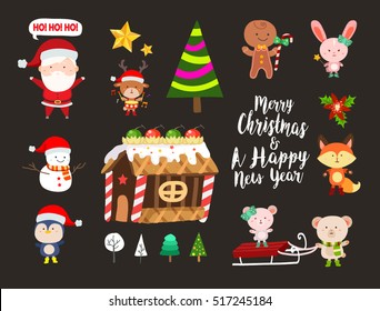 merry christmas greetings with santa clause and cute animal friends