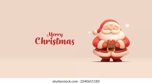 Feliz Navidad saludos. Papá Noel con un regalo, 3D. Personaje lindo realista de Santa para conceptos de diseño de Navidades. Saludos, invitaciones, descuentos. Ilustración vectorial.