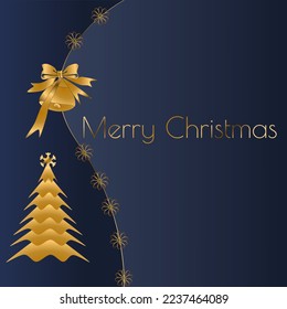 Merry Christmas greetings with Christmas tree in navy blue and gold
