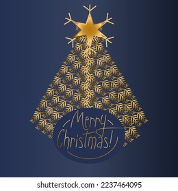 Merry Christmas greetings with Christmas tree in navy blue and gold