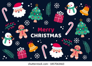 Merry Christmas Greetings with Various Ornament Design, Cute Christmas Background Template Vector