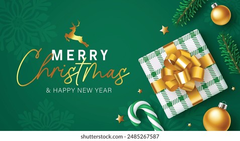 Feliz Navidad saludos diseño de fondo de Vector. Navidades texto de saludo con caja de regalo, bolas de oro, estrellas, bastón de caramelo y patrón copos de nieve en fondo verde. temporada de vacaciones de Ilustración vectorial 