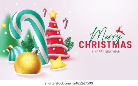 Merry christmas greetings vector banner design. Christmas greeting text with candy cane, red tree, xmas lights,  balls, spruce and hanging stars in snow winter background. Vector 