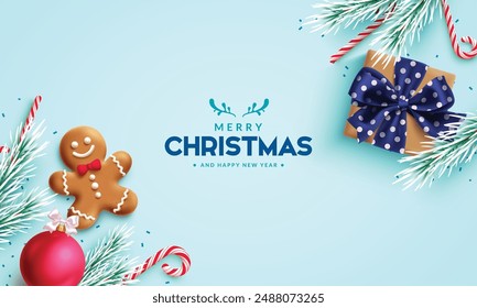 Merry christmas greetings vector banner design. Christmas greeting text with gift box, spruce leaves, xmas ball, happy ginger bread, candy cane and confetti elements in elegant blue background. Vector