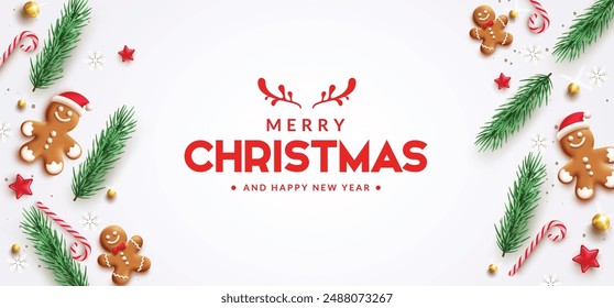 Merry christmas greetings vector banner design. Christmas greeting text with 3d realistic elements like pine tree leaves, xmas balls, ginger bread, candy cane and snowflakes in elegant background. 