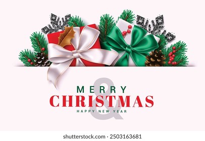 Merry christmas greetings vector banner design. Christmas greeting text in white empty space background with ornaments and elements like gift box, pine tree leaves, glitter black snowflakes, spruce 