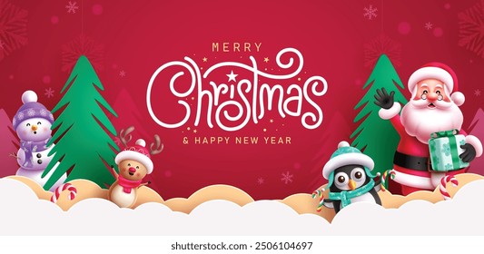 Frohe Weihnachten Vektor Banner Design. Weihnachtsgrußtext mit freundlichem Weihnachtsmann, Schneemann, Rentier, Pinguinfiguren in Papierschnittwolken und Kiefernbaumelementen auf rotem Hintergrund. 