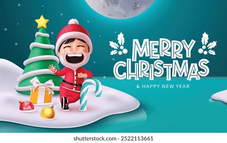 Merry christmas greetings vector banner design. Christmas greeting text with santa claus kid character posing and waiving in snow winter blue background. Vector illustration seasonal card template