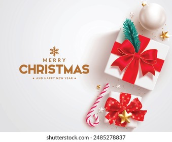 Merry christmas greetings vector design. Christmas greeting text with gift  boxes, red ribbon, spruce, xmas ball and stars decoration elements in elegant white background. Vector illustration