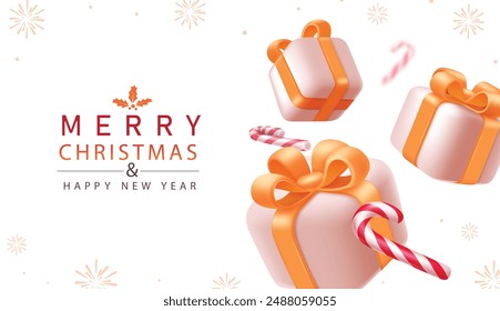 Merry christmas greetings vector design. Christmas greeting text with gift boxes and orange ribbon bow surprise present elements in snowflakes background. Vector illustration holiday season card 