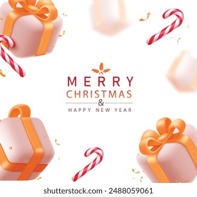 Merry christmas greetings vector design. Christmas greeting text with orange ribbon in 3d gift boxes and candy elements in blurred background. Vector illustration seasonal card design.
