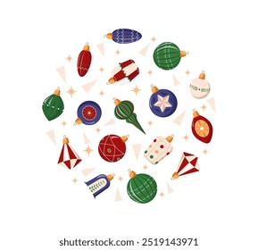 Merry Christmas greetings vector design. Christmas elements in a circle, spruce, xmas ball, stars, decoration in elegant white background. Christmas frame with ornaments and green and red decoration.