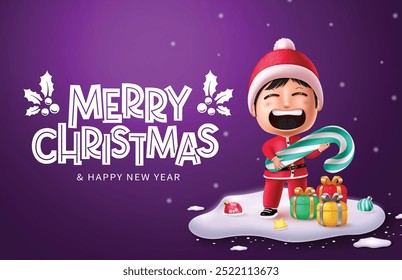 Feliz Navidad saludos diseño de Vector. Navidades Papá Noel carácter del niño que se coloca en el fondo púrpura del invierno de la nieve que sostiene el bastón de caramelo con las bolas de Navidad y los Elementos coloridos de las cajas de regalo. Vector 