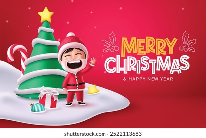 Merry christmas greetings vector design. Christmas greeting text with santa claus kid character standing and waiving in snow winter red background. Vector illustration holiday season card design.
