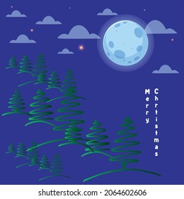 Merry Christmas greetings with vector illustration of group of trees, moon and clouds on a blue background. This can be used for poster, banner and social media post.